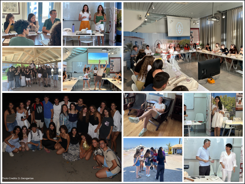 A collage of students and teachers participating in classroom activities, group discussions, presentations, and social gatherings both indoors and outdoors.