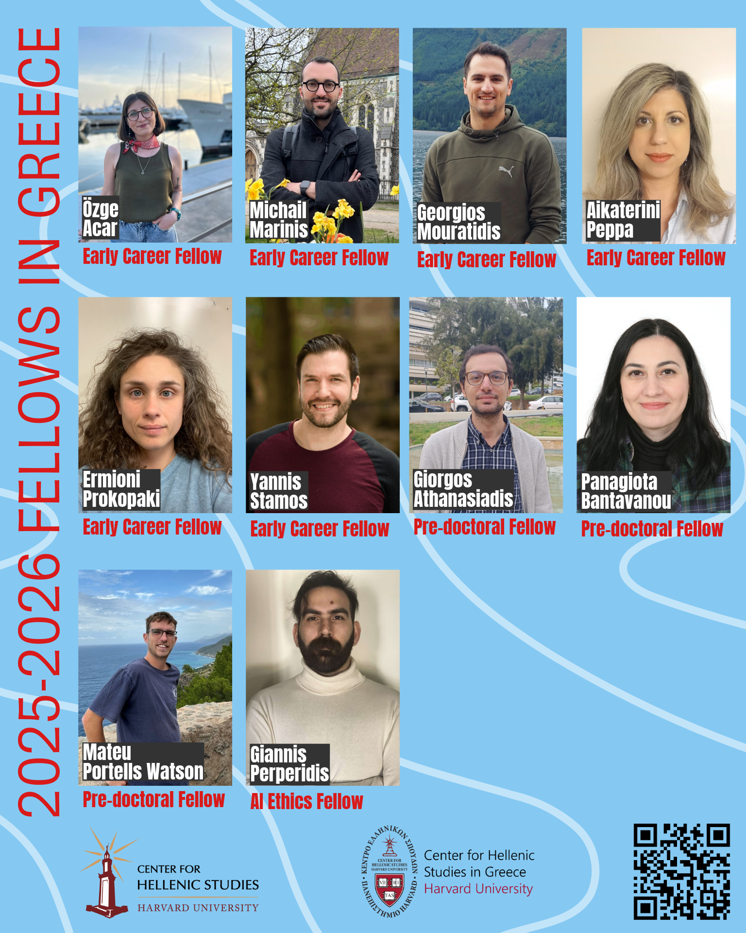 A light blue poster announcing the 2025-2026 Fellows in Greece for the Center for Hellenic Studies, Harvard University. It features headshots and names of ten fellows in a grid, with a red vertical title on the left reading "2025-2026 FELLOWS IN GREECE."