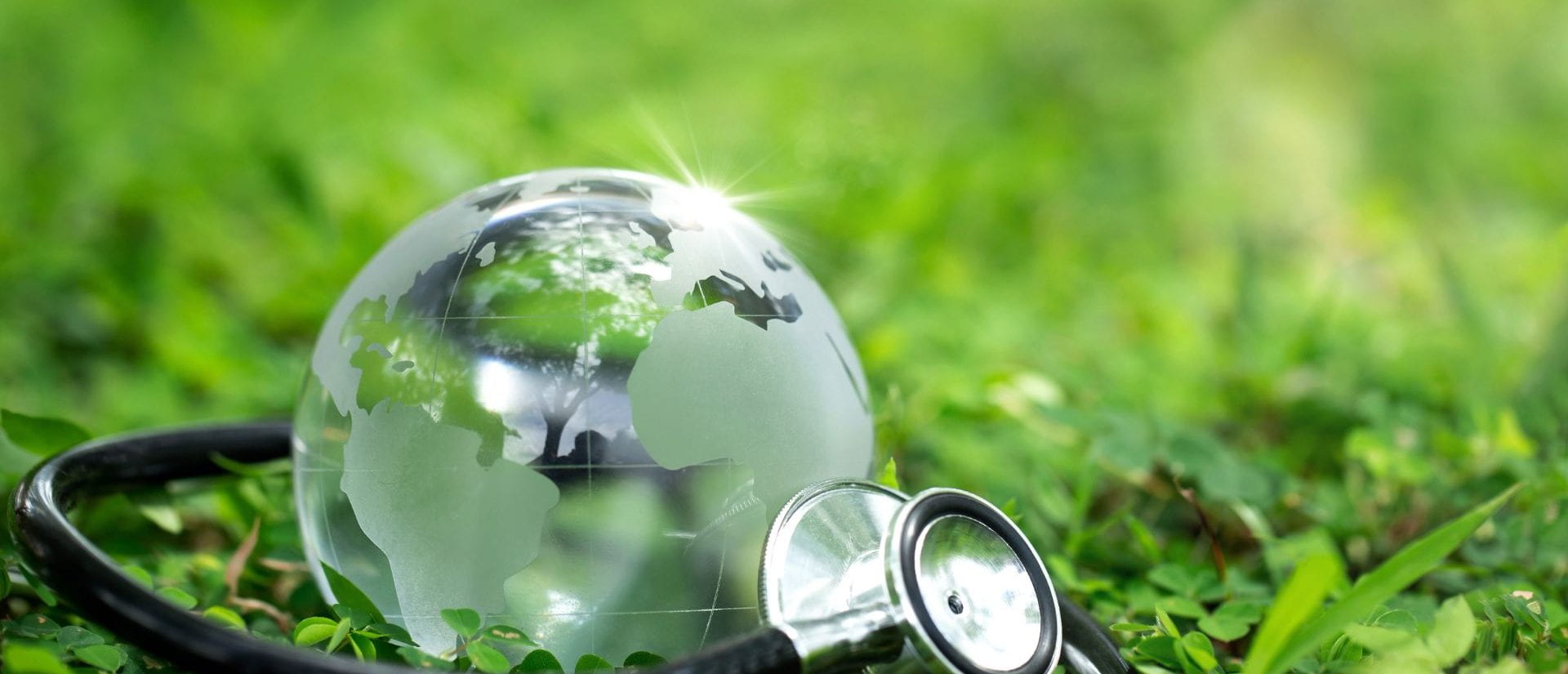 Crystal Earth with a medical doctor's stethoscope on green grass. chayanuphol / Shutterstock