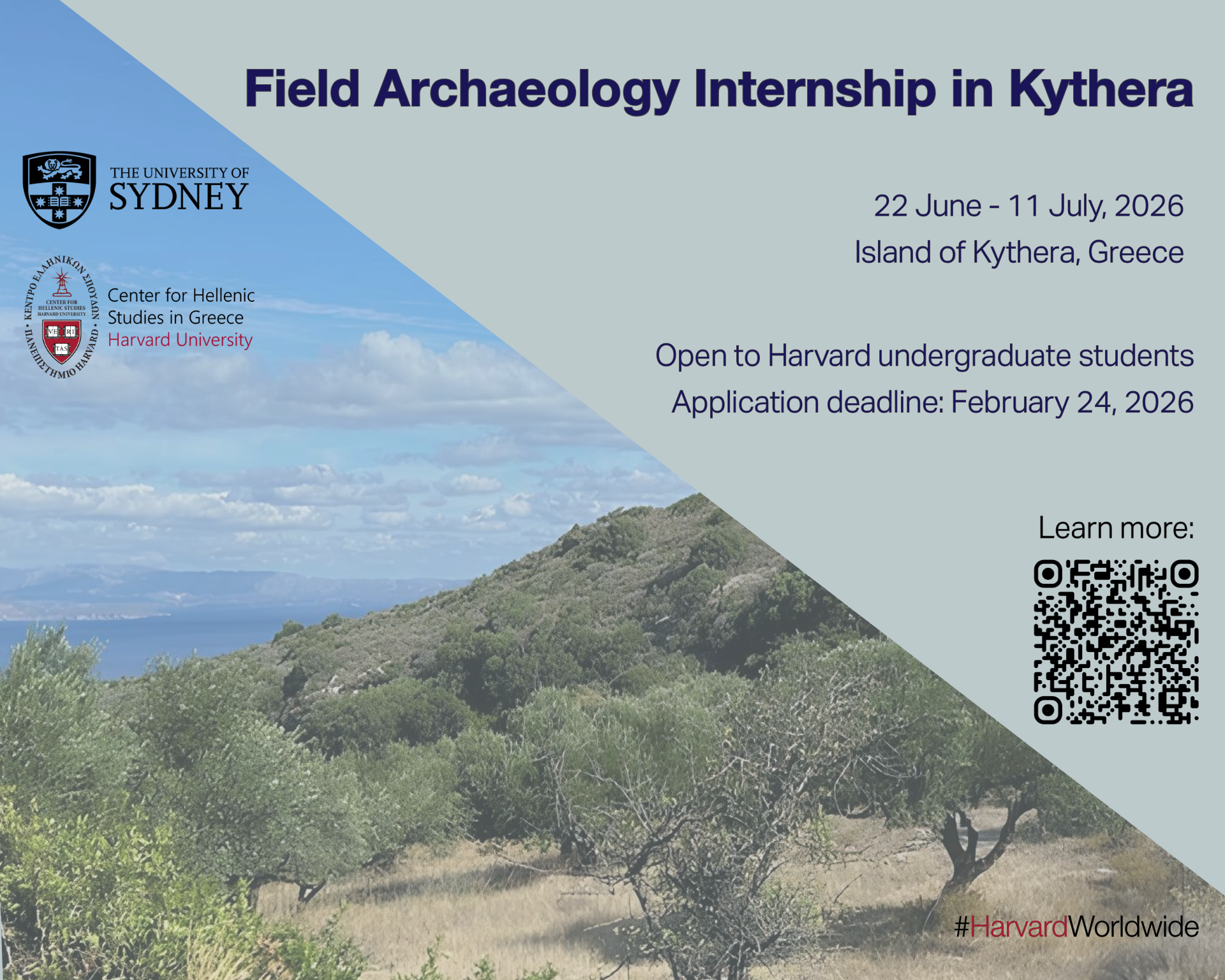 Poster for the Field Archaeology Internship in Kythera, Greece (June–July 2026) with details and QR code.