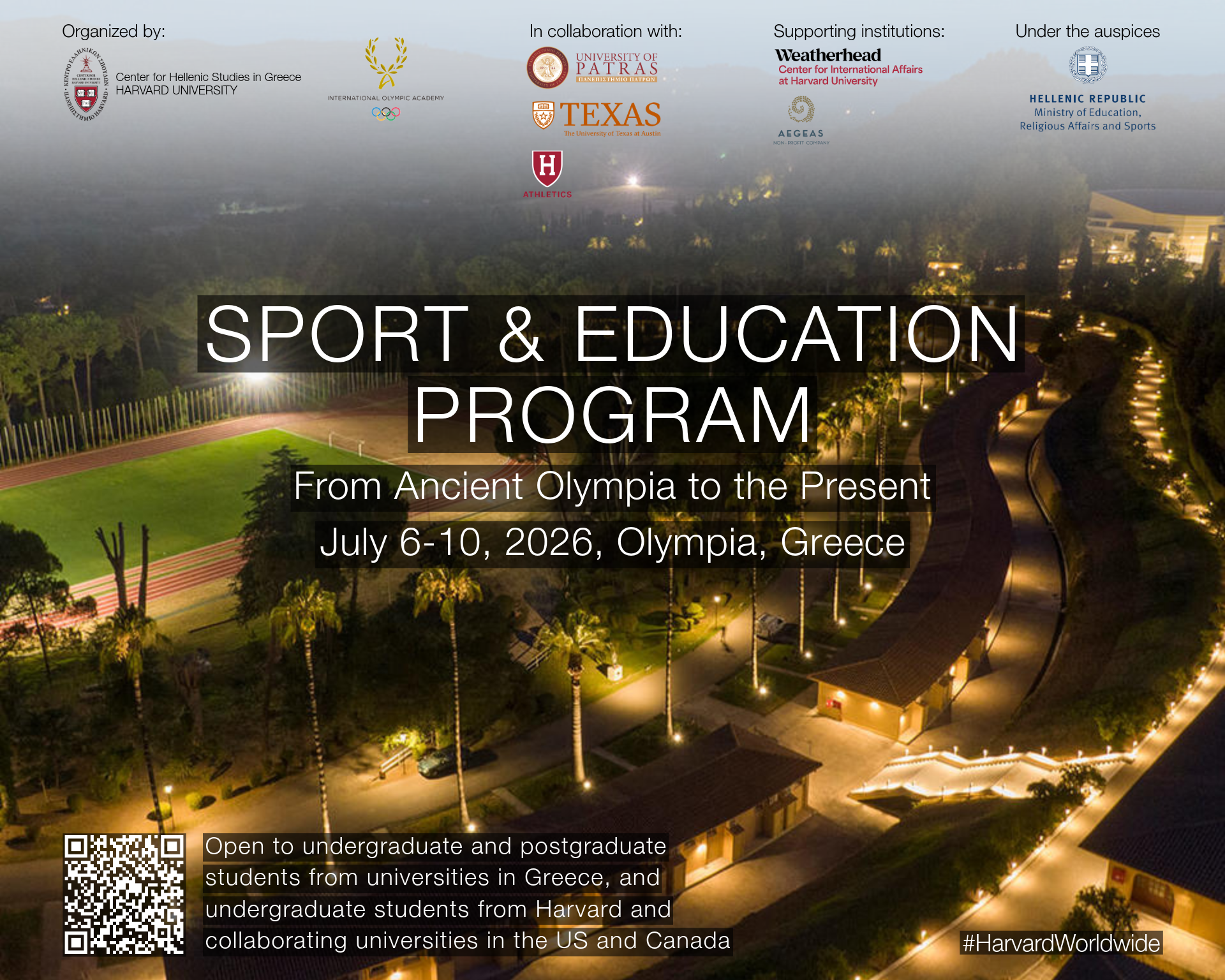 Poster for the Sport & Education Program, held July 6–10, 2026, in Olympia, Greece. Background shows a nighttime aerial view of illuminated athletic facilities and surrounding greenery.