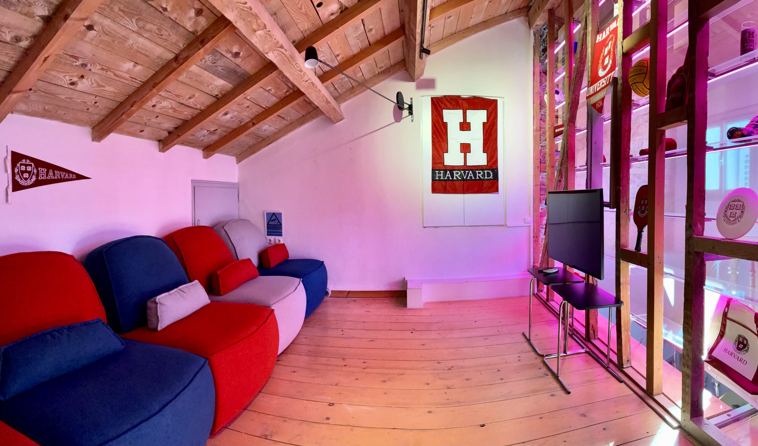 Cozy attic room with colorful modern sofas, Harvard banners on the walls, and a screen beside illuminated display shelves.