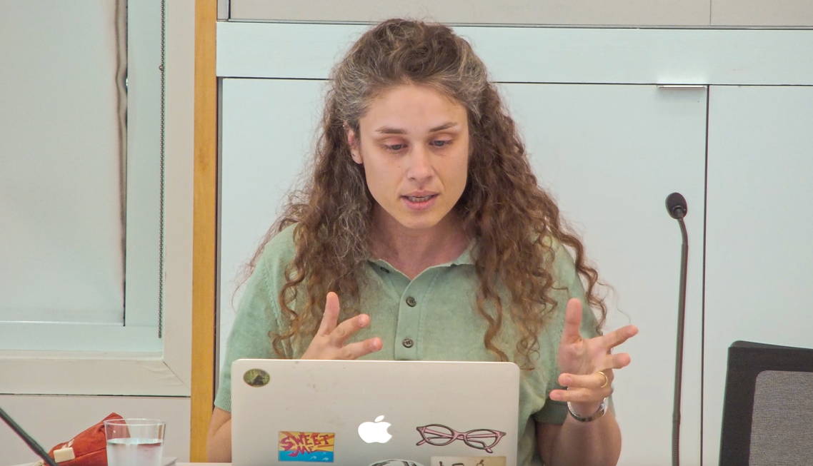 Person with long curly hair speaking while seated at a table, gesturing with their hands in front of an open laptop.