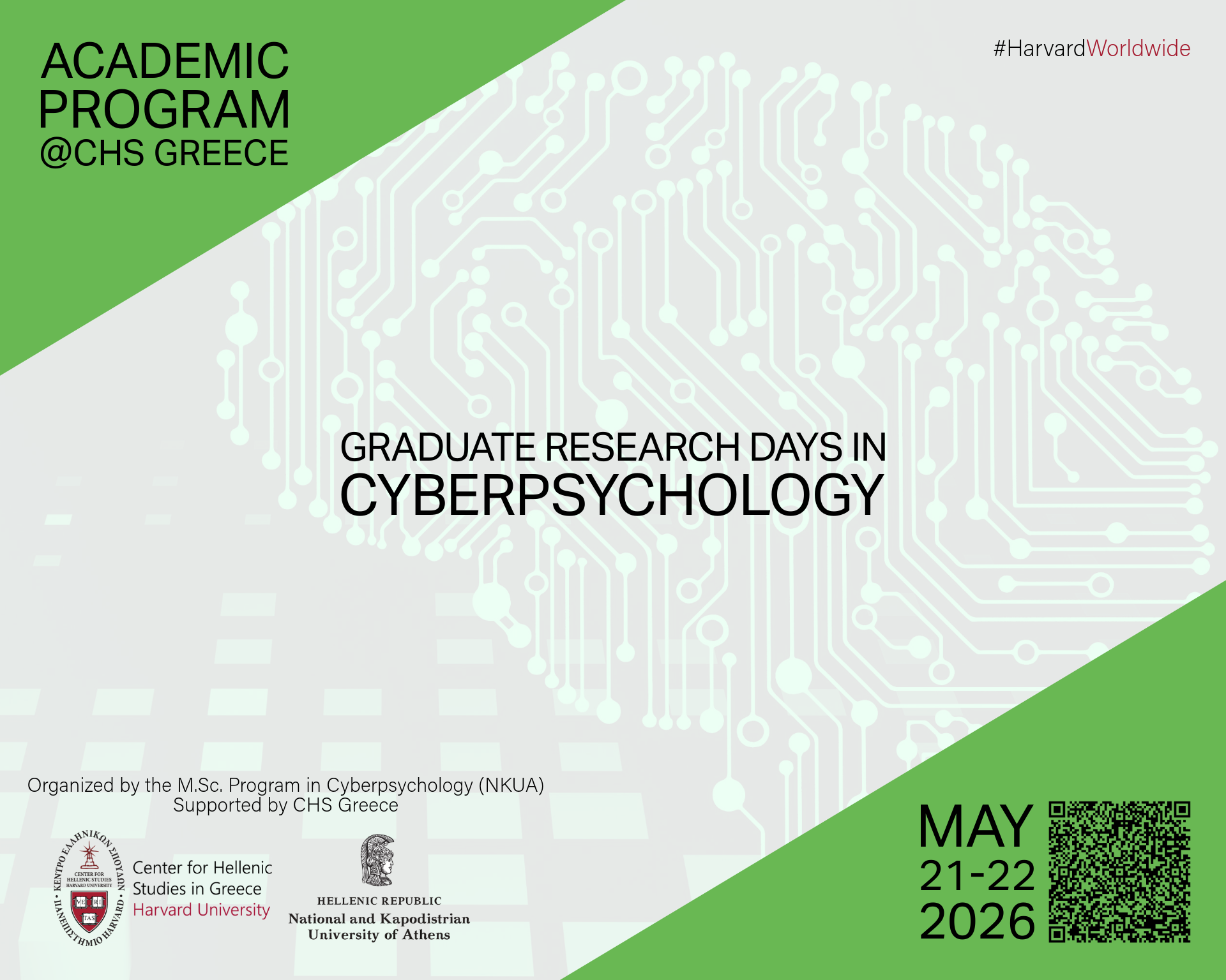 Poster with a green and gray circuit-board brain background announcing “Graduate Research Days in Cyberpsychology,” organized by the MSc Program in Cyberpsychology (NKUA) and supported by CHS Greece, taking place May 21-22, 2026.