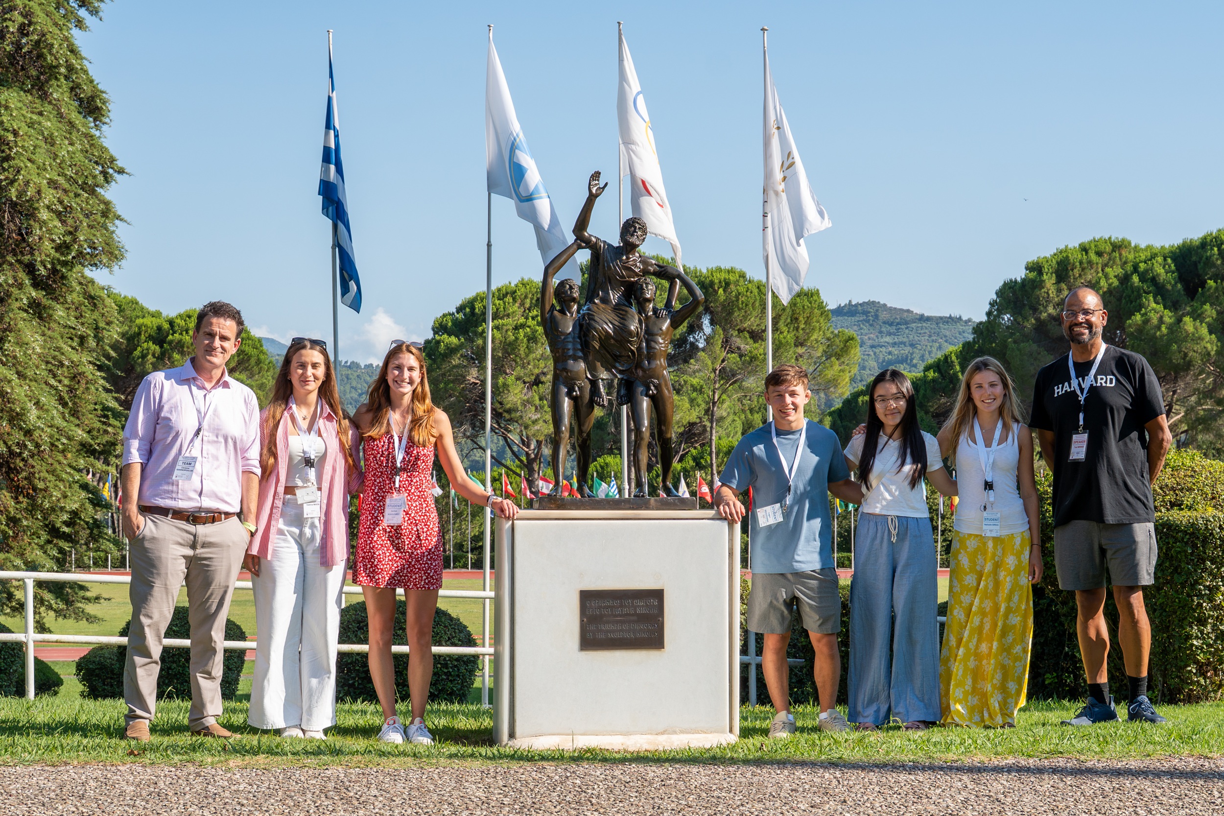Harvard student-athletes, Head Coach Ted Minnis, and CHS Greece representatives together at the International Olympic Academy in Ancient Olympia.