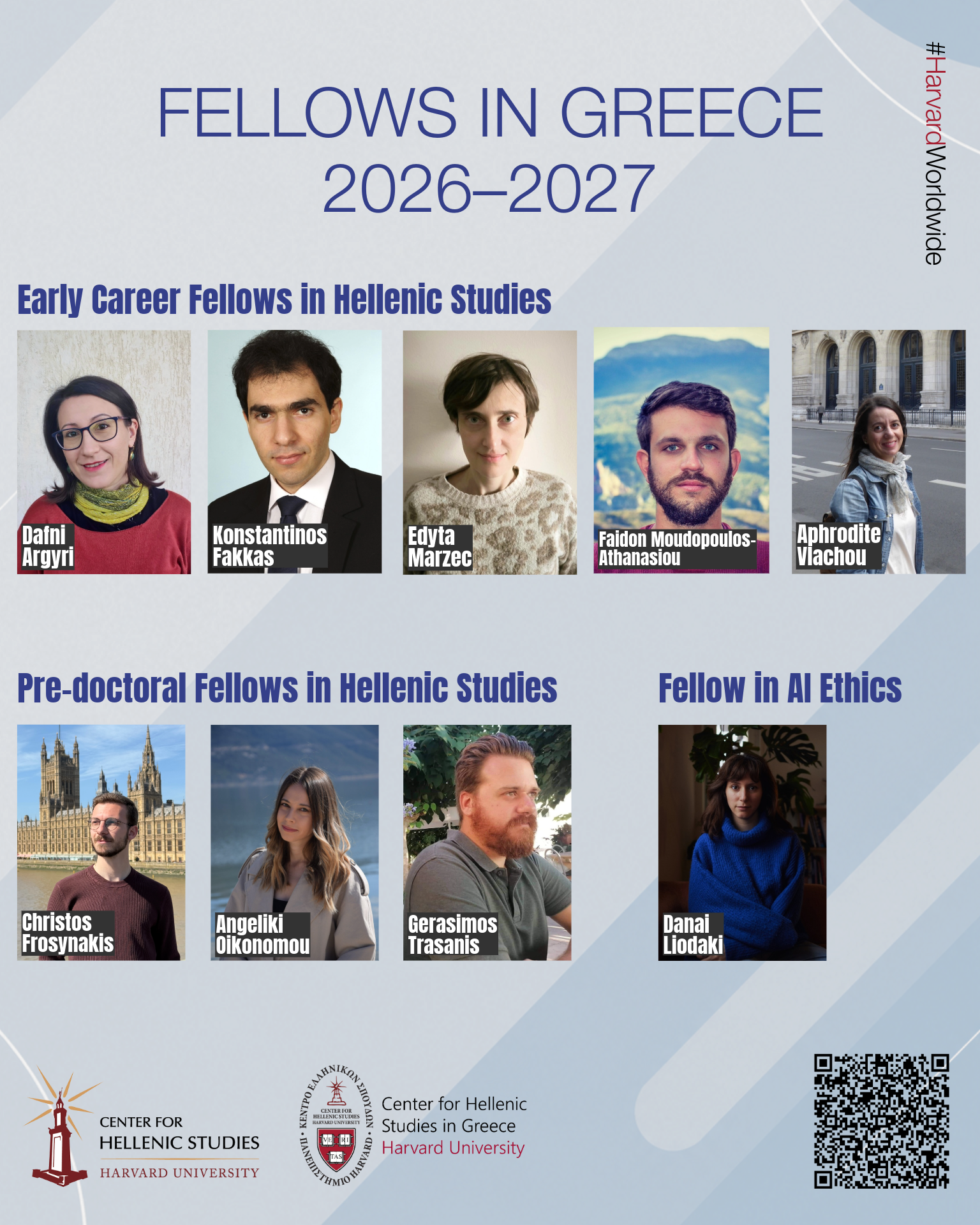 A light gray and blue poster announcing the 2026–2027 Fellows in Greece for the Center for Hellenic Studies, Harvard University, featuring headshots and names of nine fellows organized by fellowship category.
