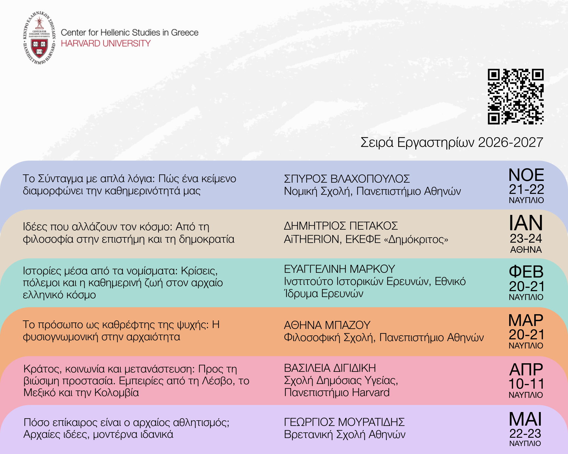 Workshop series flyer (2026-2027) by the Center for Hellenic Studies in Greece, Harvard University. Lists six workshops with dates and cities (Nafplio and Athens), topics on human rights, ancient coins, philosophy, science, physiognomy, sport, and names of speakers. Includes a QR code and logo at the top. All text is in Greek.