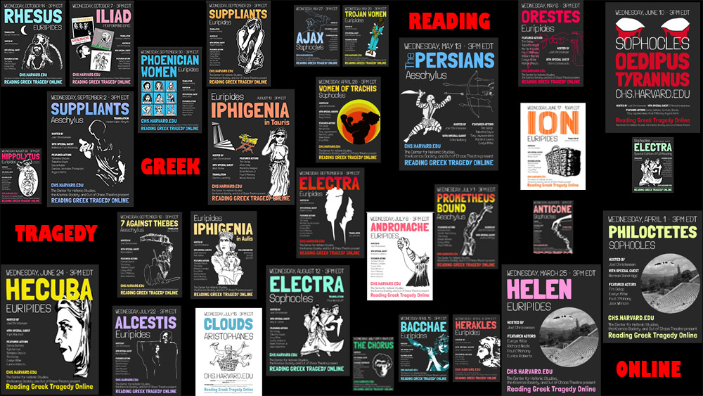 Colorful collage of posters from various online performances of the Reading Greek Tragedy Online project.
