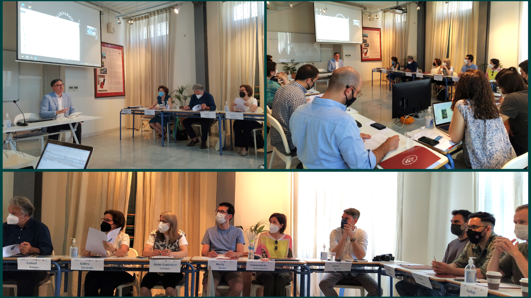 Collage of three photos from a workshop session in a venue with one speaker and an audience of 20 people seated in desks around him.