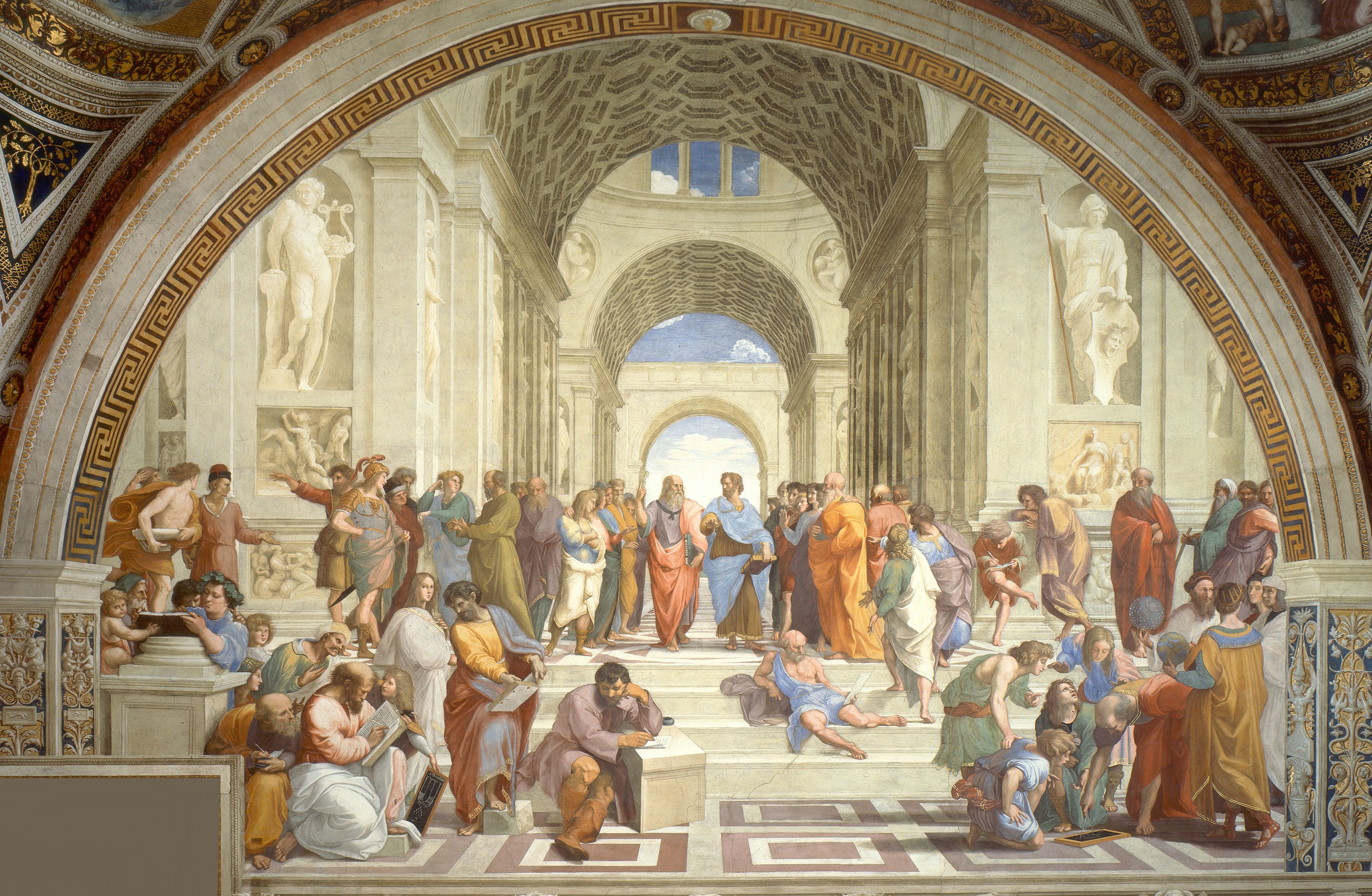 The painting depicts a crowd of philosophers of various time periods milling about and engaging in conversation in a spacious hall.