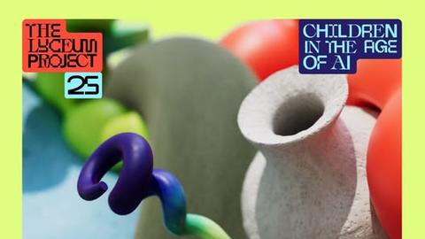 Promotional poster for The Lyceum Project 25 titled "Children in the Age of AI" with abstract shapes and large text: "Register Now!"