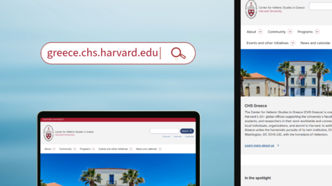 Promotional visual for the CHS Greece website: a search bar with the URL "greece.chs.harvard.edu" and magnifying glass icon. A laptop and a smartphone screen both display the website, with the Harvard logo and navigation menus visible on both devices. The background is a soft blue gradient.