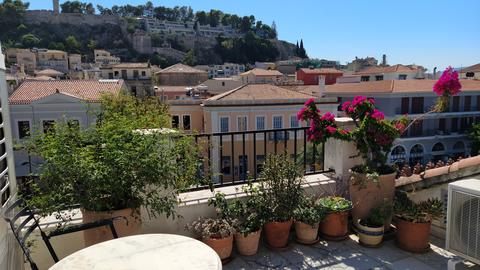 Terrace with several plants and flowers in ceramic pots and a panoramic view