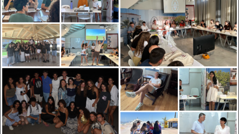 A collage of students and teachers participating in classroom activities, group discussions, presentations, and social gatherings both indoors and outdoors.