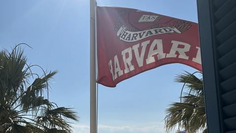 A red Harvard University flag waves in the breeze under a bright blue sky, with a scenic waterfront and mountains visible in the background.
