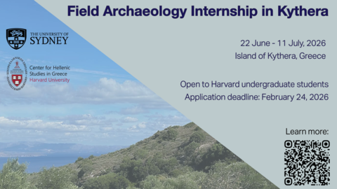 Poster for the Field Archaeology Internship in Kythera, Greece (June–July 2026) with details and QR code.