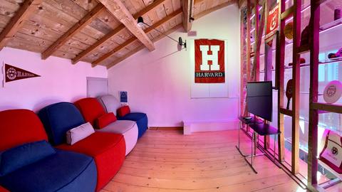 Cozy attic room with colorful modern sofas, Harvard banners on the walls, and a screen beside illuminated display shelves.