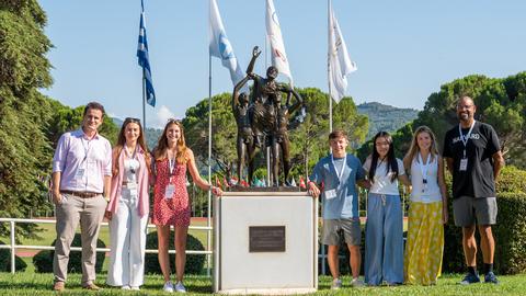Harvard student-athletes, Head Coach Ted Minnis, and CHS Greece representatives together at the International Olympic Academy in Ancient Olympia.