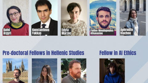 A light gray and blue poster announcing the 2026–2027 Fellows in Greece for the Center for Hellenic Studies, Harvard University, featuring headshots and names of nine fellows organized by fellowship category.