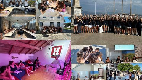 A collage of students and teachers participating in classroom activities, group discussions, presentations, and social gatherings both indoors and outdoors.
