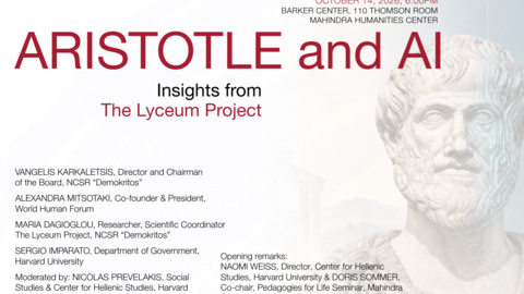 Poster for "Aristotle and AI: Insights from The Lyceum Project," showing a marble bust of Aristotle overlaid with faint circuit-board lines. Full event details and speakers are listed on this page.