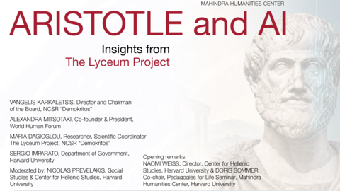 Poster for "Aristotle and AI: Insights from The Lyceum Project," showing a marble bust of Aristotle overlaid with faint circuit-board lines. Full event details and speakers are listed on this page.
