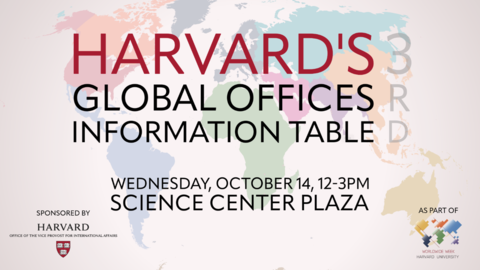 A colorful world map background highlights text announcing "Harvard's Global Offices Information Table," with event details and the "Worldwide Week, Harvard University" logo below.