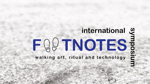 Poster for the "Footnotes" symposium, November 12, 2026, Nafplio: blue title with shoe prints over a gray pavement texture.