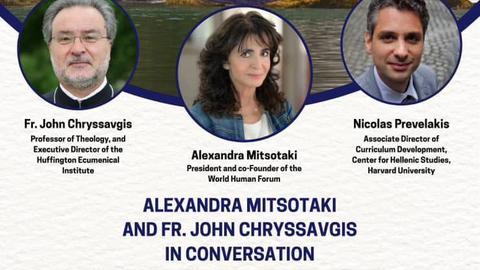 Poster for “Living with Planetary Boundaries,” with portraits of Fr. John Chryssavgis, Alexandra Mitsotaki, and Nicolas Prevelakis. Thursday, October 15, 6–7:30 pm, Maliotis Cultural Center.