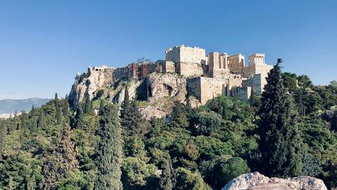 The Acropolis hill in Athens photographed from below.