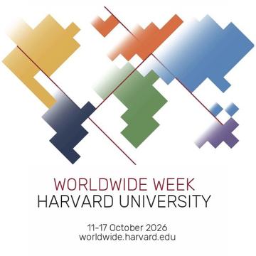 Logo for Harvard Worldwide Week 2026, with event dates October 11–17 and website worldwide.harvard.edu. Colorful abstract design at the top.
