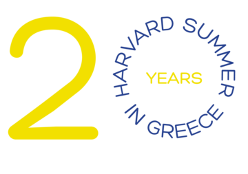 Logo for the 20-year anniversary event of the Harvard Summer Program in Greece which consists of the number 20 composed by yellow and blue colors and a text circle