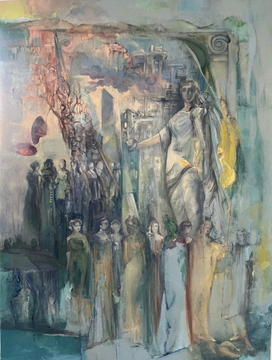 Tall and slim figures emerge in different parts of the canvas. The most prominent of them is dressed in a white gown and faces forward with one of her hands open and welcoming, like protecting or presenting the other figures around. A somewhat built environment of town buildings is hardly visible in the background. Prominent colors are grey and dark, with some smudges of yellow and orange.