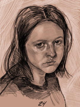 3/4ths view of the artist's face, neck up. The face is rendered while the hair and background being gestural. The portrait is black and white on a tan background. The digital brush use resembles a soft pencil.