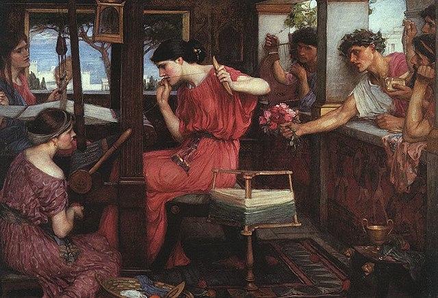 Painting showing Penelope weaving surrounded by suitors who force her to marry one of them. Penelope aiming to avoid re-marriage, since her husband, Odysseus, had failed to return at the end of the Trojan war, conceived the idea of postponing her decision until she had completed weaving a piece of tapestry unravelling every night the work she had done during the day.