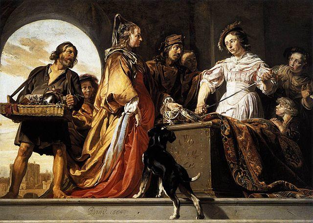Painting of Achilles -who was disguised as a woman- discovered among the daughters of King Lycomedes after reacting to the weapons that were stood in front him. In the painting, Odysseus stands on the left with a basket containing Achilles's weapons. Achilles stands on the right holding his sword and thereby revealing his identity while the other characters looking on in astonishment. An elegant woman in the foreground offers him a string of pearls from the finely decorated jewelry box in an attempt to cover up his error.