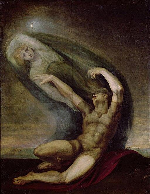 Painting of Achilles sitting on the ground, the arched line of his body following the spirit of Patroclus which hovers above him, and which he reaches towards, crescent moon in the cloudy sky behind.