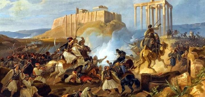Warriors wearing the traditional pleated skirt-like garment, fustanella, siege Athens. Visible in the background is the hill of Acropolis and other ancient monuments.
