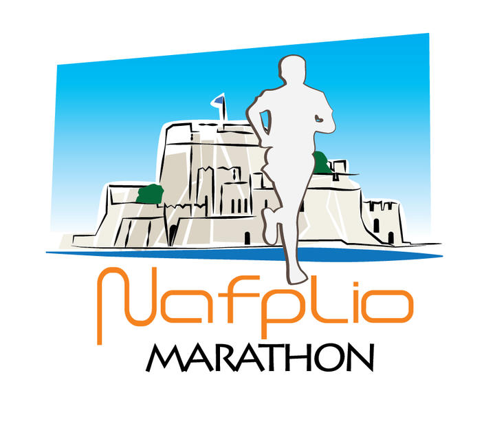 Nafplio Marathon logo with white outline of a runner running in front of a castle against a blue sky background.