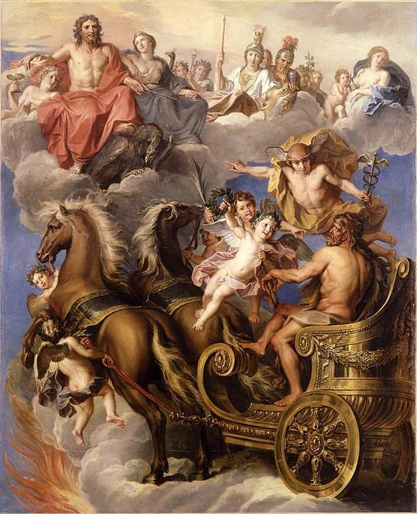 Painting of Herakles emerging from the flames of his funeral pyre and ascending in a chariot to join the Olympian Gods in the clouds.