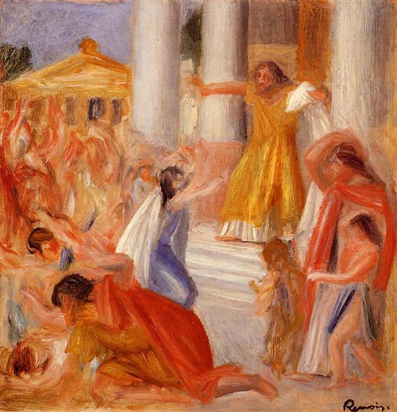 Painting of Oedipus, having just gouged out his own eyes, exits the palace and appears before the people of Thebes.