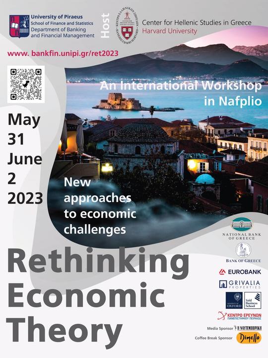 Workshop poster with logos of the University of Piraeus Dept. of Banking and CHS Greece, website & QR code, dates, topic, and the logos of the supporting institutions. In the middle, an evening shot of Bourtzi in Nafplio from an elevated position.
