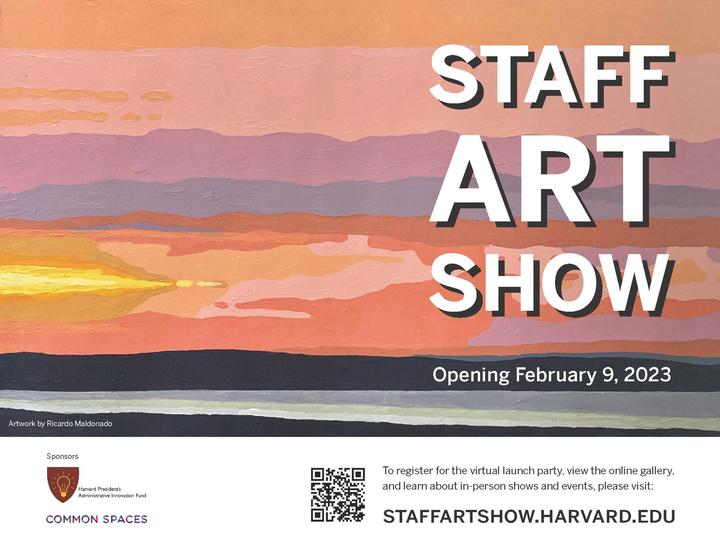 STAFF ART SHOW 2023 LAUNCHES ON FEBRUARY 9.Τext overlaid on painting of an ocean sunset with a sky of pink, purple, and orange colors above water and some navy blue land.