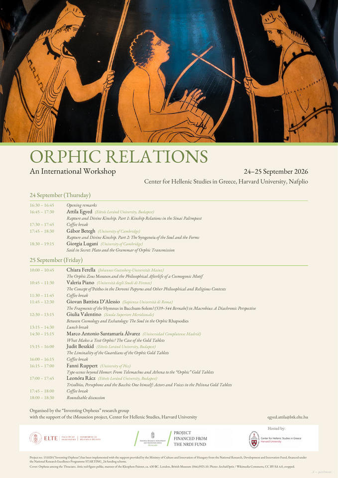 Poster for Orphic Relations: An International Workshop, showing an ancient Greek vase painting and the schedule of presentations taking place at CHS Greece in Nafplio on 24-25 September 2026.