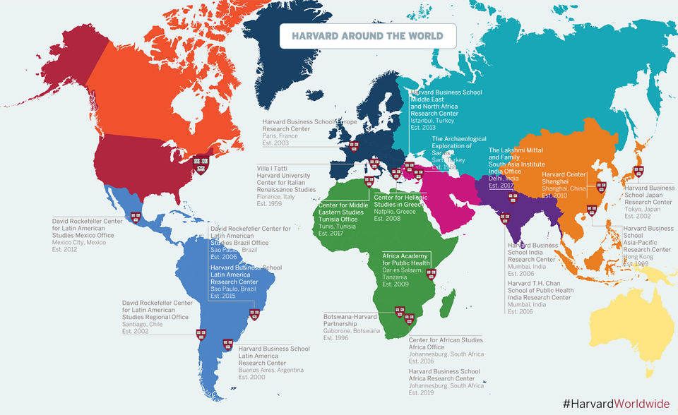 A vividly colored map featuring the message 'HARVARD AROUND THE WORLD.' The map showcases locations of Harvard University global offices. Each location is labeled with the Harvard logo, official title, city, country, and establishment date.