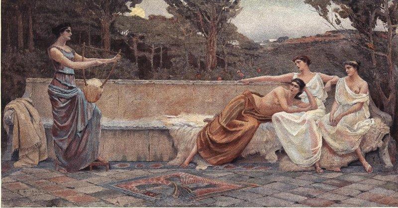 With a landscape in the background, Sappho stands with her lyre while three companions recline and listen.