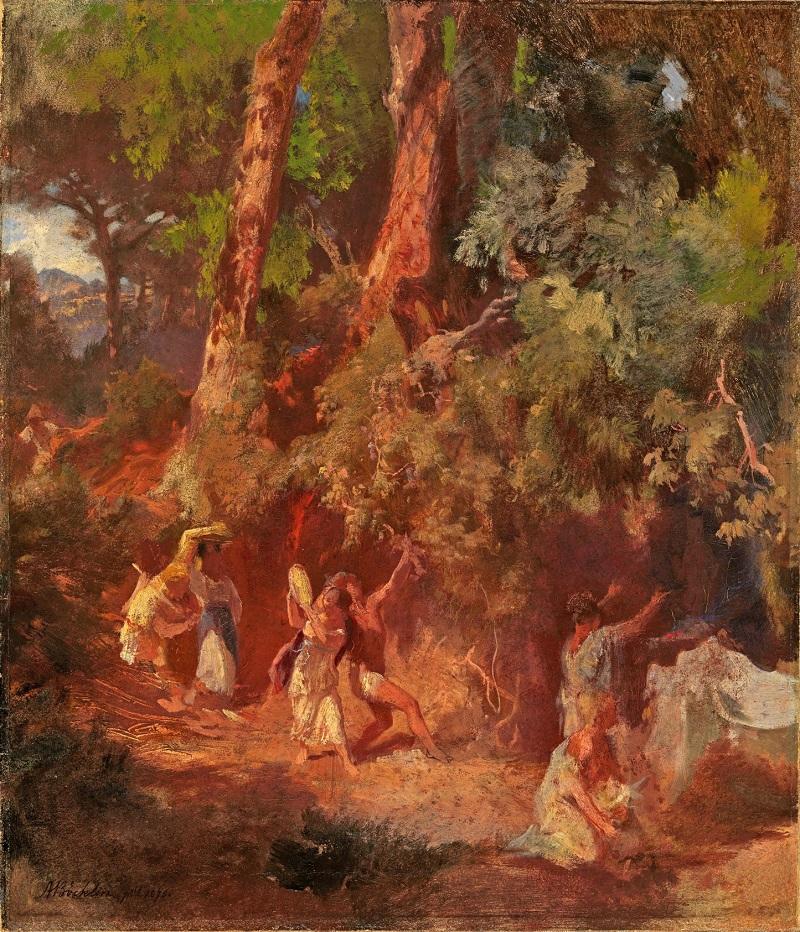 Dionysian revelers dancing through a forest scene.
