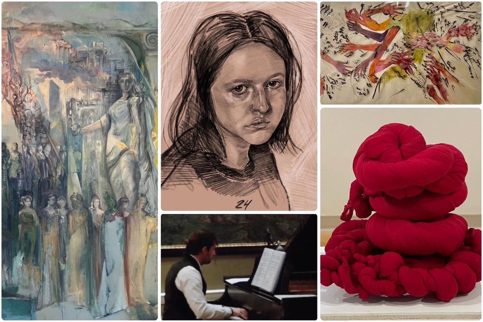 A collage highlighting the diverse artistic contributions of the CHS team at the 2024 Staff Art Show. Included are Zoie Lafis's painting and sculpture, Olivia Henderson's digital and canvas paintings, and Evan Katsarelis playing the piano in the recital.