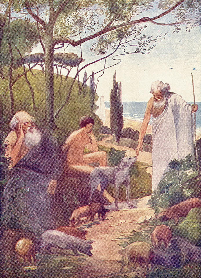 Illustration of a scene from the return of Odysseus in Ithaca before revealing his real identity, surrounded by his son Telemachus and his loyal swineherd and friend Eumaeus.