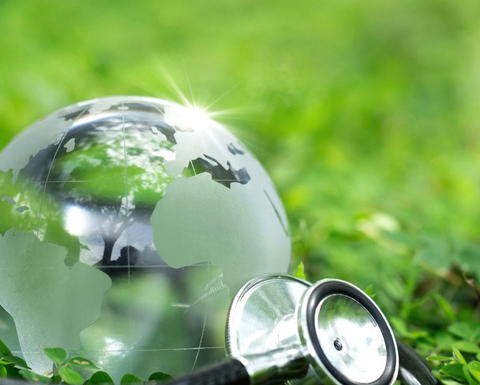 Crystal Earth with a medical doctor's stethoscope on green grass. chayanuphol / Shutterstock